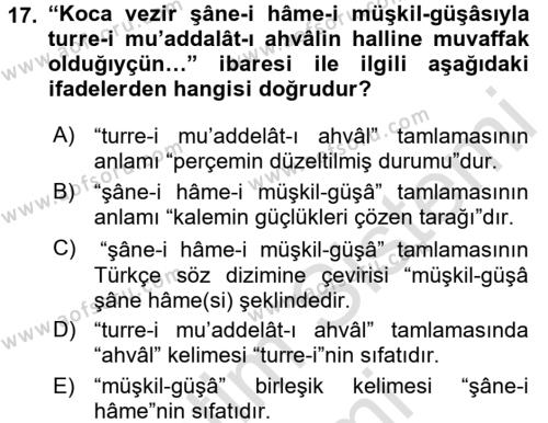 Osmanlı Türkçesi Grameri 2 Dersi 2015 - 2016 Yılı (Final) Dönem Sonu Sınavı 17. Soru