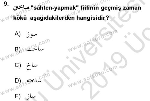 Osmanlı Türkçesi Grameri 2 Dersi 2018 - 2019 Yılı 3 Ders Sınavı 9. Soru