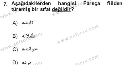 Osmanlı Türkçesi Grameri 2 Dersi 2020 - 2021 Yılı Yaz Okulu Sınavı 7. Soru