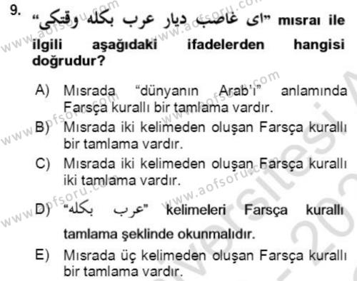 Osmanlı Türkçesi Grameri 2 Dersi 2020 - 2021 Yılı Yaz Okulu Sınavı 9. Soru