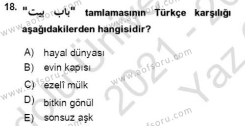 Osmanlı Türkçesi Grameri 2 Dersi 2021 - 2022 Yılı Yaz Okulu Sınavı 18. Soru