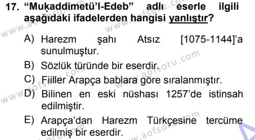XI-XIII. Yüzyıllar Türk Dili Dersi 2012 - 2013 Yılı (Final) Dönem Sonu Sınavı 17. Soru