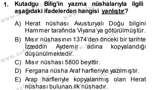 XI-XIII. Yüzyıllar Türk Dili Dersi 2013 - 2014 Yılı (Vize) Ara Sınavı 1. Soru