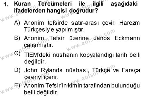 XI-XIII. Yüzyıllar Türk Dili Dersi 2013 - 2014 Yılı (Final) Dönem Sonu Sınavı 1. Soru