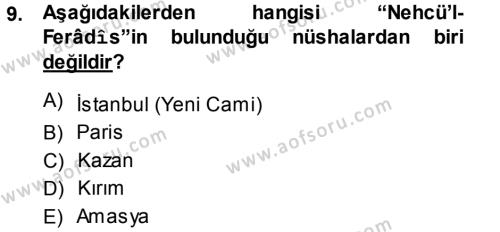 XI-XIII. Yüzyıllar Türk Dili Dersi 2013 - 2014 Yılı (Final) Dönem Sonu Sınavı 9. Soru