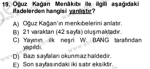 XI-XIII. Yüzyıllar Türk Dili Dersi 2013 - 2014 Yılı Tek Ders Sınavı 19. Soru