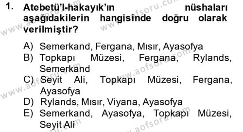 XI-XIII. Yüzyıllar Türk Dili Dersi 2014 - 2015 Yılı (Final) Dönem Sonu Sınavı 1. Soru