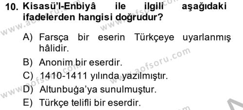 XI-XIII. Yüzyıllar Türk Dili Dersi 2014 - 2015 Yılı (Final) Dönem Sonu Sınavı 10. Soru