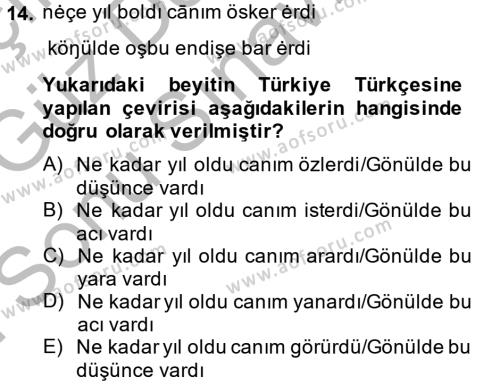 XI-XIII. Yüzyıllar Türk Dili Dersi 2014 - 2015 Yılı (Final) Dönem Sonu Sınavı 14. Soru