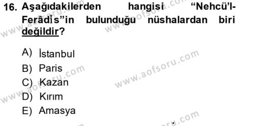 XI-XIII. Yüzyıllar Türk Dili Dersi 2014 - 2015 Yılı Tek Ders Sınavı 16. Soru