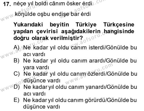 XI-XIII. Yüzyıllar Türk Dili Dersi 2014 - 2015 Yılı Tek Ders Sınavı 17. Soru