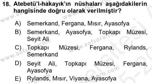 XI-XIII. Yüzyıllar Türk Dili Dersi 2015 - 2016 Yılı Tek Ders Sınavı 18. Soru