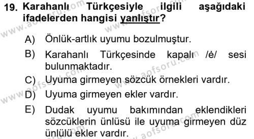 XI-XIII. Yüzyıllar Türk Dili Dersi 2015 - 2016 Yılı Tek Ders Sınavı 19. Soru