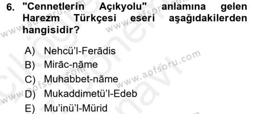 XI-XIII. Yüzyıllar Türk Dili Dersi 2017 - 2018 Yılı (Final) Dönem Sonu Sınavı 6. Soru