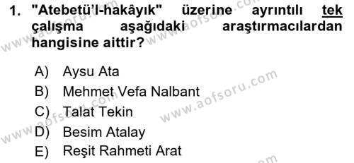 XI-XIII. Yüzyıllar Türk Dili Dersi 2018 - 2019 Yılı 3 Ders Sınavı 1. Soru