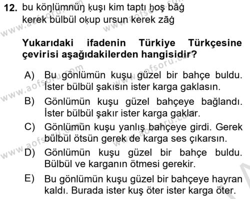 XI-XIII. Yüzyıllar Türk Dili Dersi 2018 - 2019 Yılı 3 Ders Sınavı 12. Soru