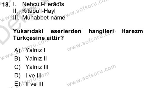 XI-XIII. Yüzyıllar Türk Dili Dersi 2018 - 2019 Yılı 3 Ders Sınavı 18. Soru