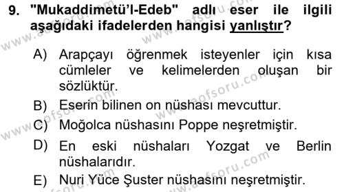 XI-XIII. Yüzyıllar Türk Dili Dersi 2018 - 2019 Yılı 3 Ders Sınavı 9. Soru