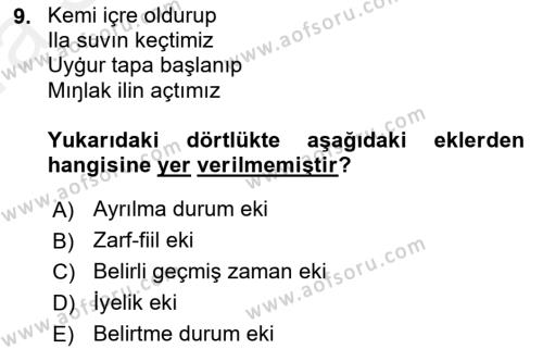 XI-XIII. Yüzyıllar Türk Dili Dersi 2018 - 2019 Yılı (Vize) Ara Sınavı 9. Soru