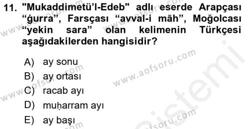 XI-XIII. Yüzyıllar Türk Dili Dersi 2018 - 2019 Yılı (Final) Dönem Sonu Sınavı 11. Soru