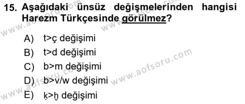 XI-XIII. Yüzyıllar Türk Dili Dersi 2018 - 2019 Yılı (Final) Dönem Sonu Sınavı 15. Soru