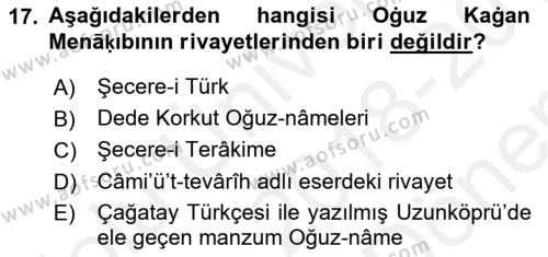 XI-XIII. Yüzyıllar Türk Dili Dersi 2018 - 2019 Yılı (Final) Dönem Sonu Sınavı 17. Soru