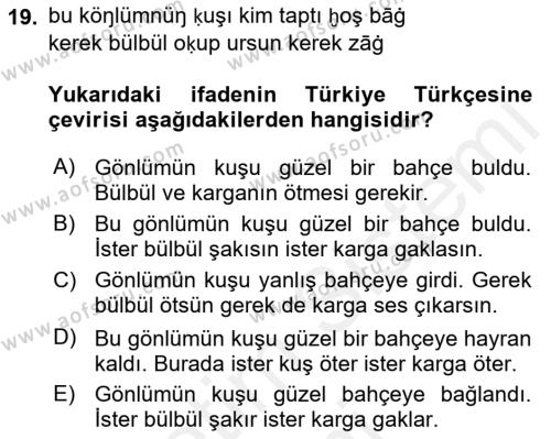 XI-XIII. Yüzyıllar Türk Dili Dersi 2018 - 2019 Yılı (Final) Dönem Sonu Sınavı 19. Soru