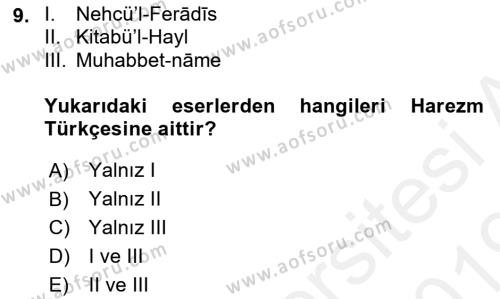 XI-XIII. Yüzyıllar Türk Dili Dersi 2018 - 2019 Yılı (Final) Dönem Sonu Sınavı 9. Soru