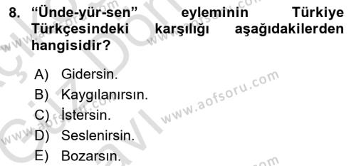 XI-XIII. Yüzyıllar Türk Dili Dersi 2019 - 2020 Yılı (Vize) Ara Sınavı 8. Soru