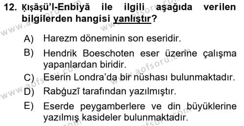 XI-XIII. Yüzyıllar Türk Dili Dersi 2019 - 2020 Yılı (Final) Dönem Sonu Sınavı 12. Soru