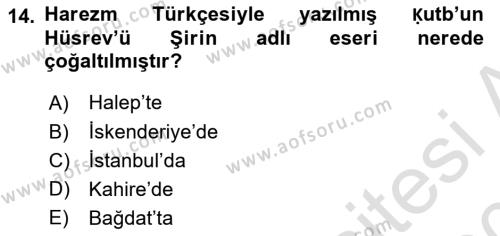 XI-XIII. Yüzyıllar Türk Dili Dersi 2019 - 2020 Yılı (Final) Dönem Sonu Sınavı 14. Soru