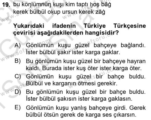 XI-XIII. Yüzyıllar Türk Dili Dersi 2019 - 2020 Yılı (Final) Dönem Sonu Sınavı 19. Soru