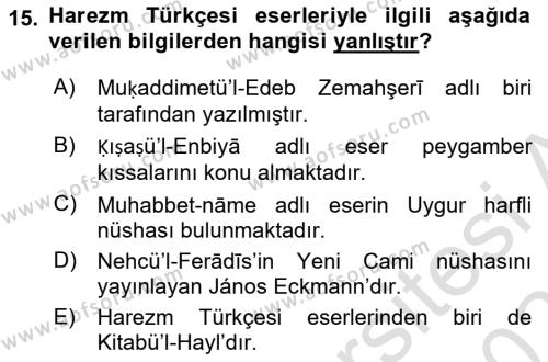 XI-XIII. Yüzyıllar Türk Dili Dersi 2020 - 2021 Yılı Yaz Okulu Sınavı 15. Soru