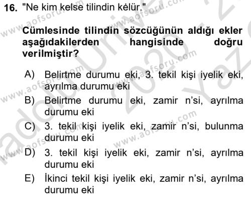 XI-XIII. Yüzyıllar Türk Dili Dersi 2020 - 2021 Yılı Yaz Okulu Sınavı 16. Soru