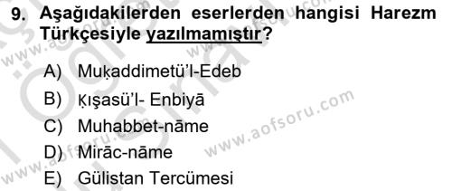 XI-XIII. Yüzyıllar Türk Dili Dersi 2020 - 2021 Yılı Yaz Okulu Sınavı 9. Soru