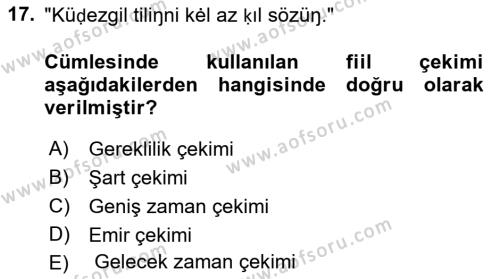 XI-XIII. Yüzyıllar Türk Dili Dersi 2021 - 2022 Yılı (Vize) Ara Sınavı 17. Soru