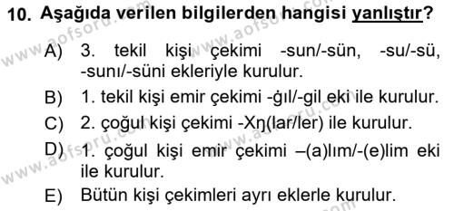 XI-XIII. Yüzyıllar Türk Dili Dersi 2021 - 2022 Yılı (Final) Dönem Sonu Sınavı 10. Soru