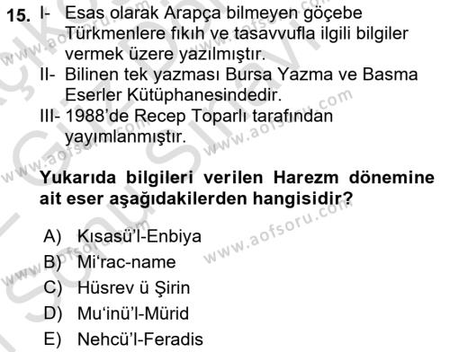 XI-XIII. Yüzyıllar Türk Dili Dersi 2021 - 2022 Yılı (Final) Dönem Sonu Sınavı 15. Soru