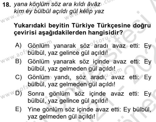 XI-XIII. Yüzyıllar Türk Dili Dersi 2021 - 2022 Yılı (Final) Dönem Sonu Sınavı 18. Soru