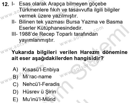 XI-XIII. Yüzyıllar Türk Dili Dersi 2021 - 2022 Yılı Yaz Okulu Sınavı 12. Soru