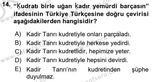 XI-XIII. Yüzyıllar Türk Dili Dersi 2021 - 2022 Yılı Yaz Okulu Sınavı 14. Soru