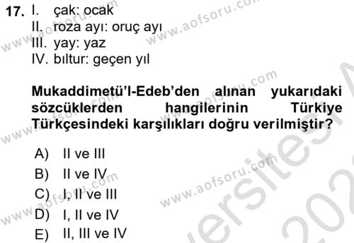 XI-XIII. Yüzyıllar Türk Dili Dersi 2021 - 2022 Yılı Yaz Okulu Sınavı 17. Soru