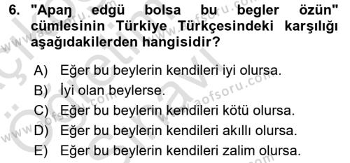 XI-XIII. Yüzyıllar Türk Dili Dersi 2021 - 2022 Yılı Yaz Okulu Sınavı 6. Soru