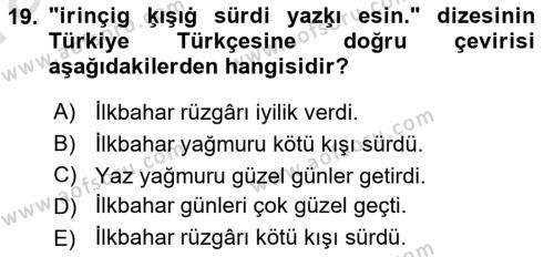 XI-XIII. Yüzyıllar Türk Dili Dersi 2022 - 2023 Yılı (Vize) Ara Sınavı 19. Soru