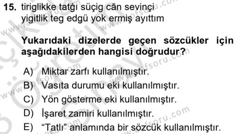 XI-XIII. Yüzyıllar Türk Dili Dersi 2022 - 2023 Yılı Yaz Okulu Sınavı 15. Soru