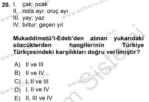 XI-XIII. Yüzyıllar Türk Dili Dersi 2022 - 2023 Yılı Yaz Okulu Sınavı 20. Soru