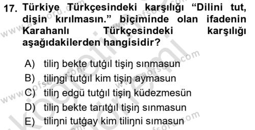 XI-XIII. Yüzyıllar Türk Dili Dersi 2023 - 2024 Yılı (Vize) Ara Sınavı 17. Soru