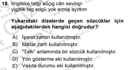 XI-XIII. Yüzyıllar Türk Dili Dersi 2023 - 2024 Yılı (Vize) Ara Sınavı 18. Soru