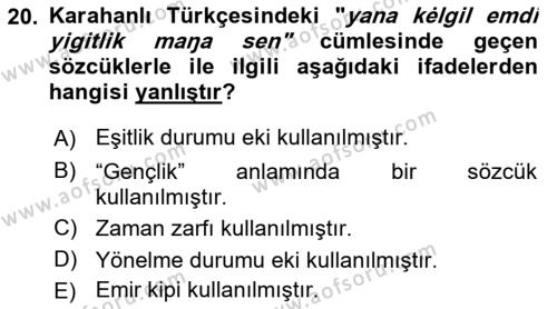 XI-XIII. Yüzyıllar Türk Dili Dersi 2023 - 2024 Yılı (Vize) Ara Sınavı 20. Soru