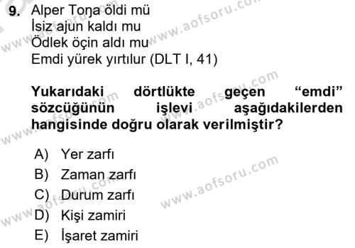 XI-XIII. Yüzyıllar Türk Dili Dersi 2023 - 2024 Yılı (Vize) Ara Sınavı 9. Soru